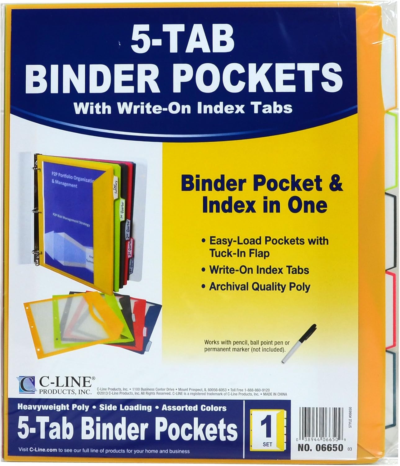C-Line 5-Tab Binder Pockets with Write-On Index Tabs, Assorted Colors, 8.5 x 11 Inches, 5 Pockets per Set (06650) : Office Products