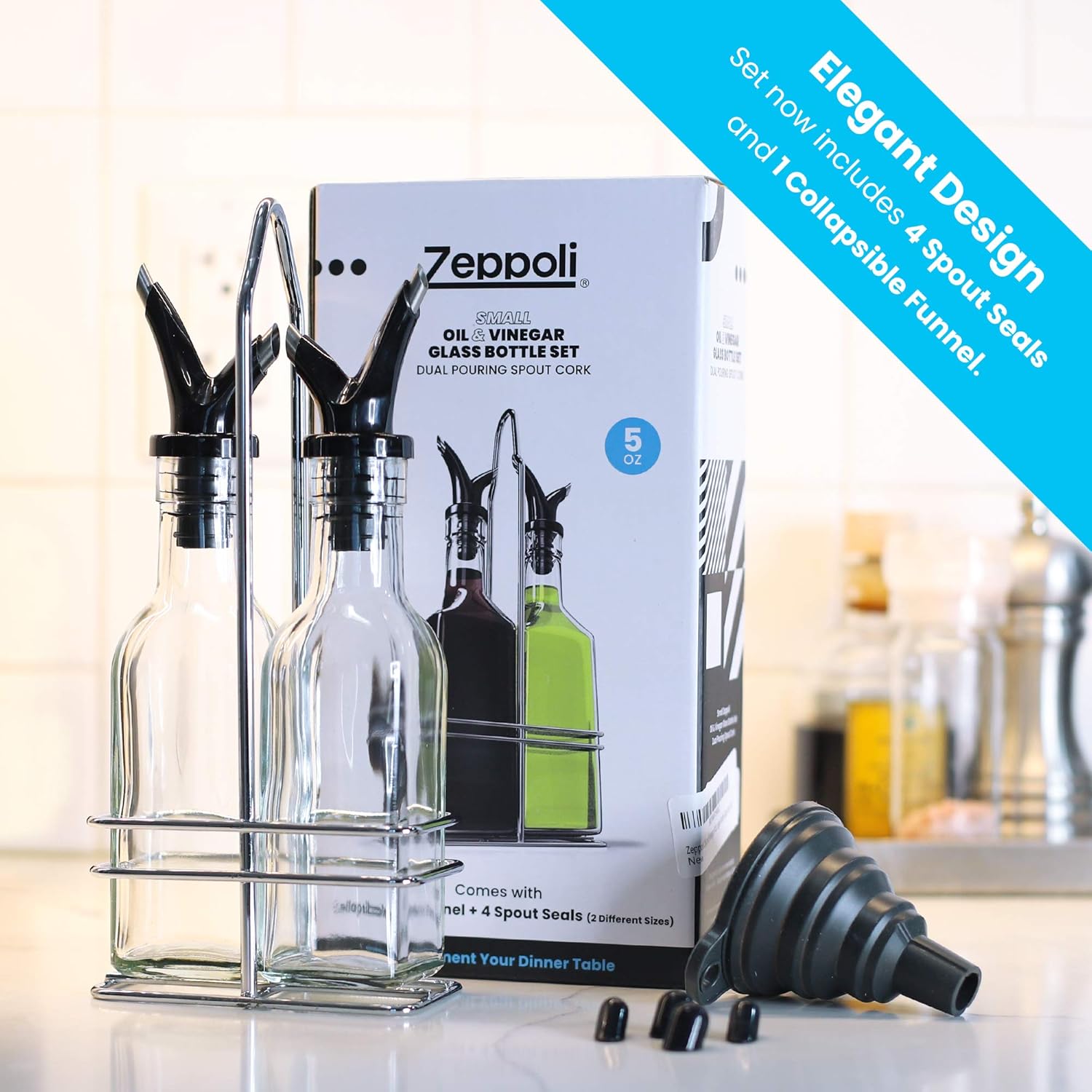 Zeppoli Oil and Vinegar Bottle Set 5oz [2-Pack] - Comes with Stainless Steel Rack, Removable Cork, Funnel, and Spout Caps - Dual Cork Spout - Glass Olive Oil Dispenser Set: Kitchen & Dining