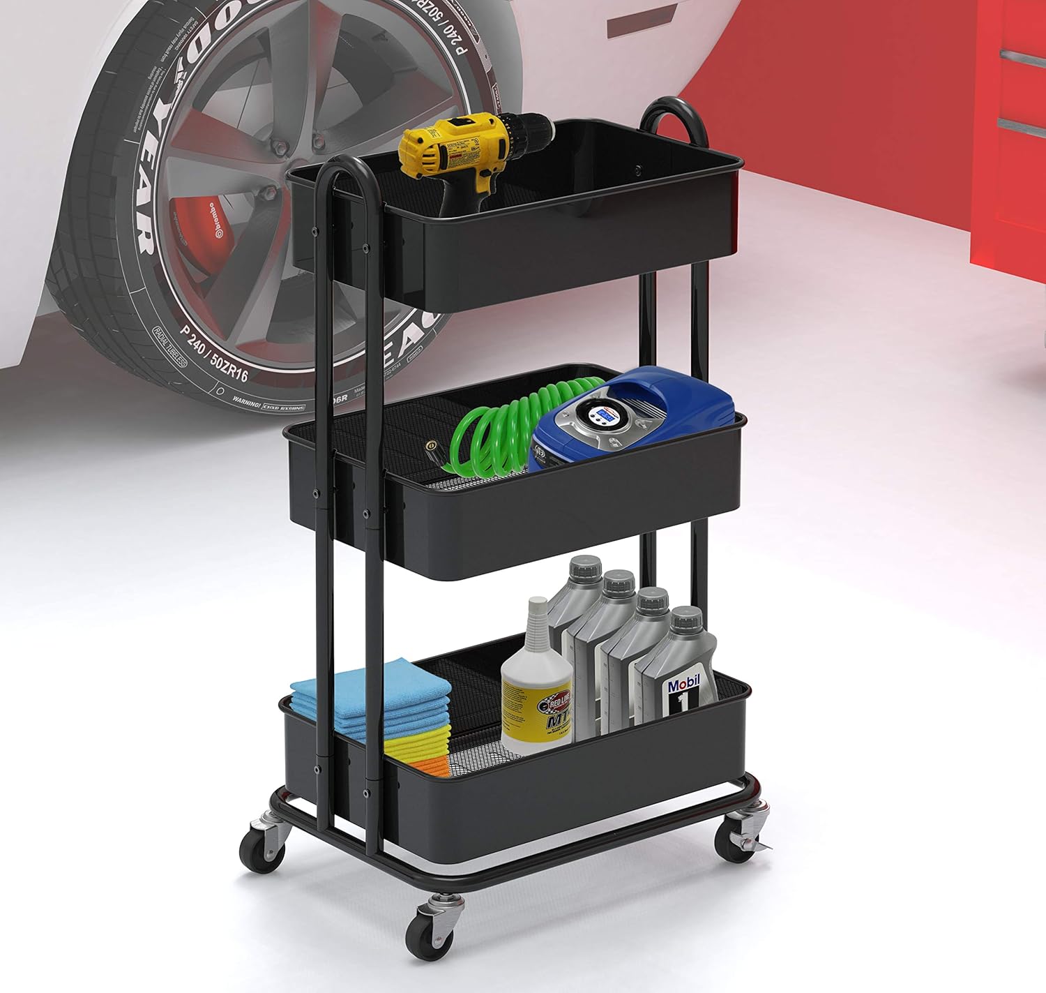 SimpleHouseware Heavy Duty 3-Tier Metal Utility Rolling Cart, Black : Office Products