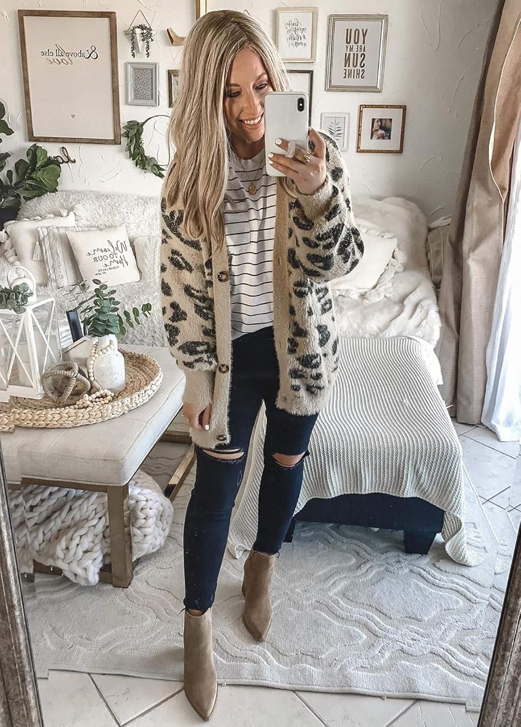 BTFBM Women Fashion Leopard Print Button Down Long Sleeve Soft Loose Knit Sweater Cardigan Coat Fall Winter Outwear at  Women’s Clothing store