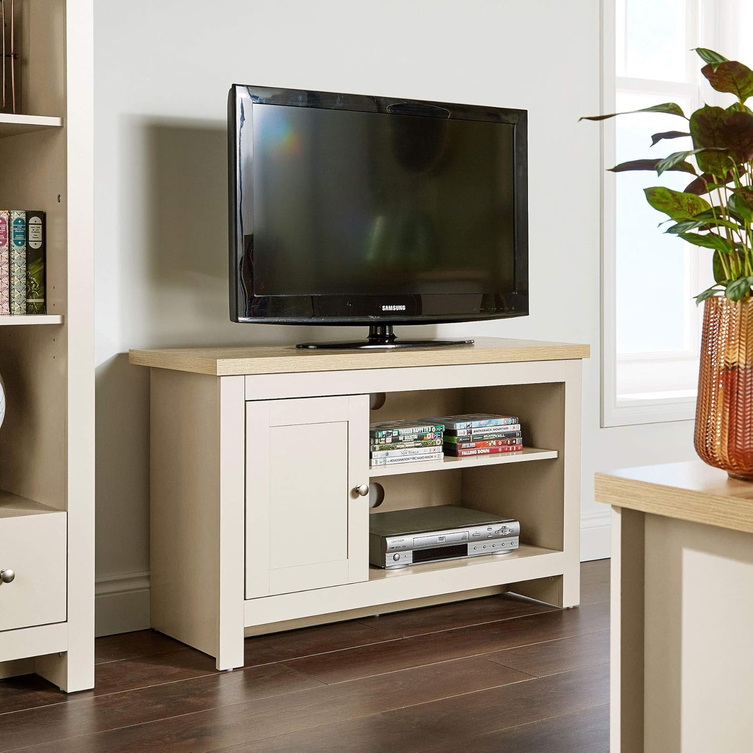 Home Source TV Stand Two Tone Oak Effect Top with Open Shelf Storage