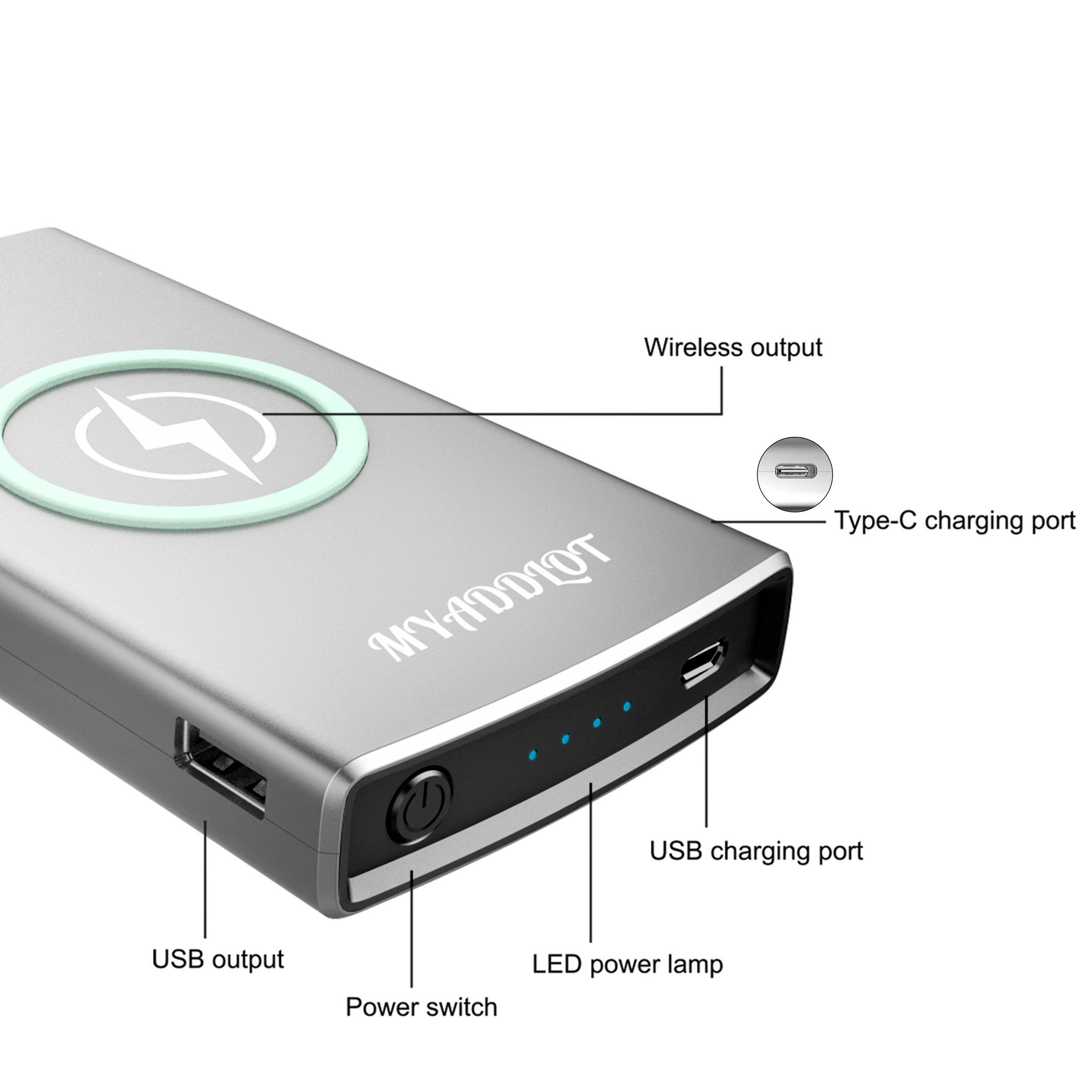 Wireless Charger Power Bank REAL 10000mAh External Battery Wireless Charging Station for iPhone X / 8 / 8 Plus Galaxy S9 / S9+ / S8 / S7 / Note 8 and Other Qi-Enabled Phones by Myaddlot(Sliver)