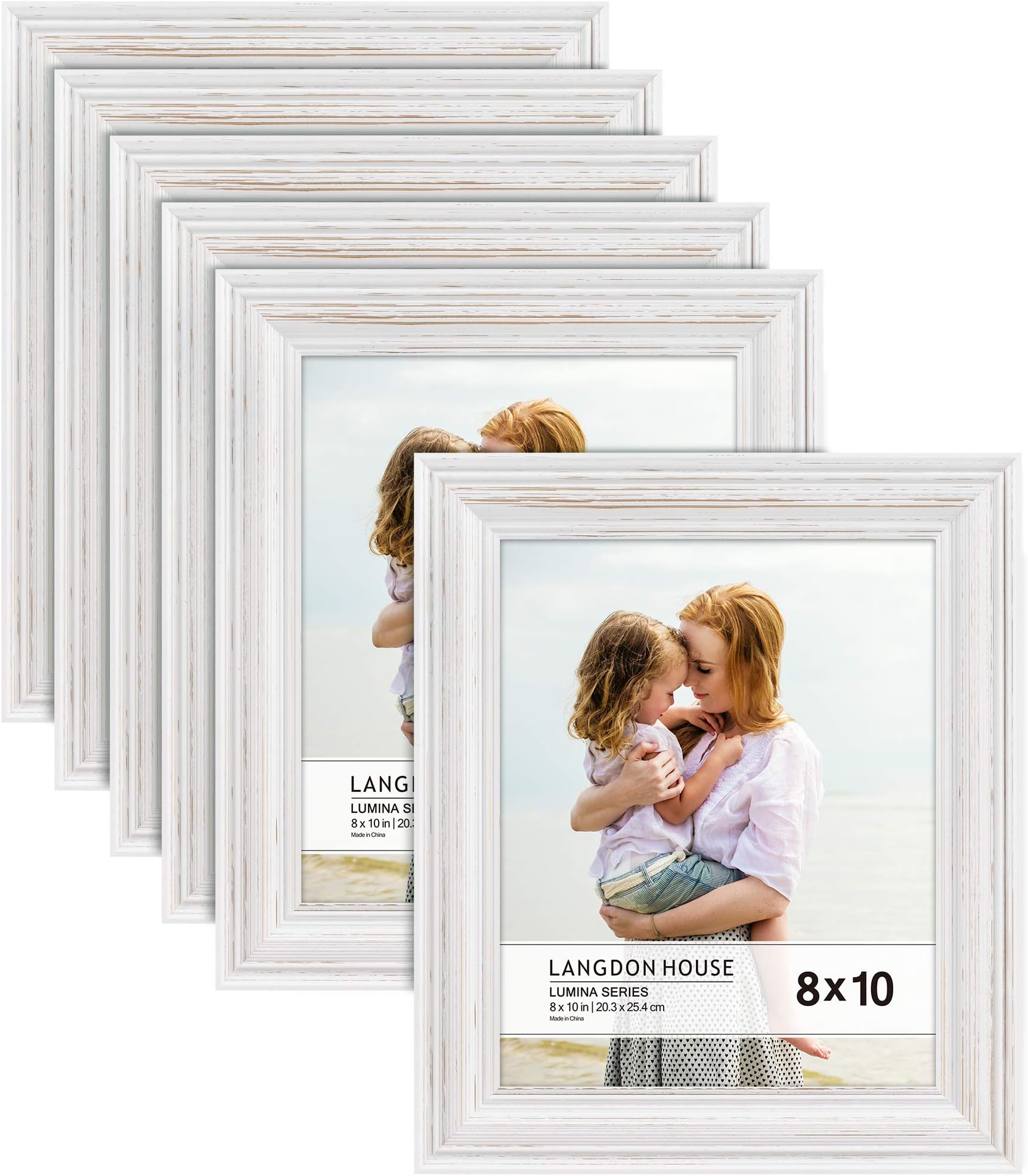 Langdon House8x10 Real Wood Picture Frames (6 Pack, Weathered White - Gold Accents), White Wooden Photo Frame 8 x 10, Wall Mount or Table Top, Lumina Collection