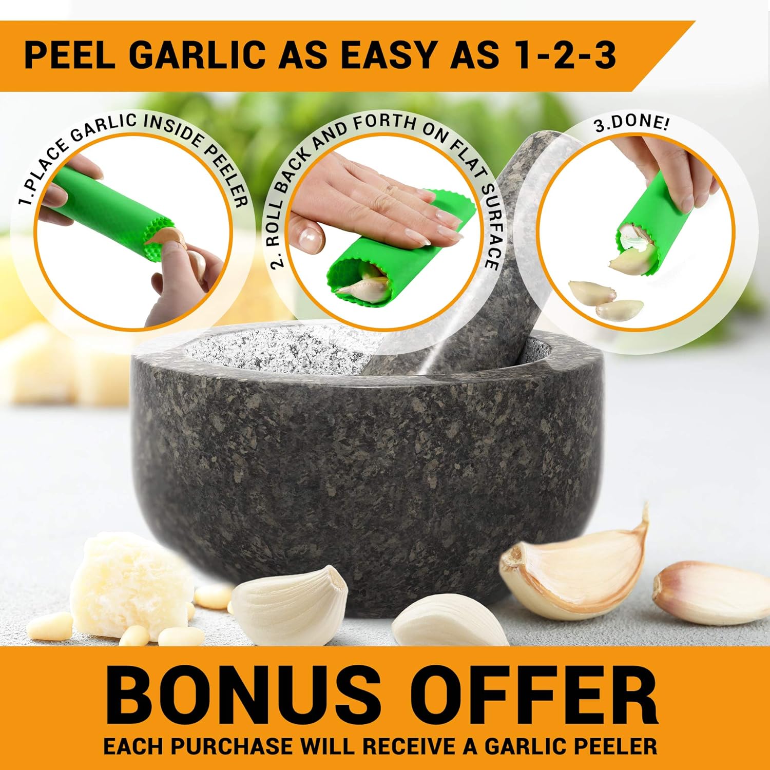 PriorityChef Mortar and Pestle Set, 100% Natural Granite with Polished Black Exterior Finish, 2 Cup Capacity, Silicone Garlic Peeler Included: Kitchen & Dining