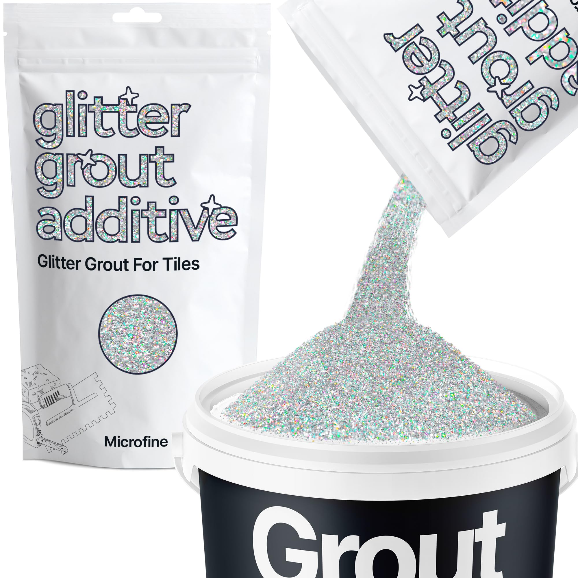 Hemway Silver Holographic Glitter Grout Additive Microfine 100g Metallic Flakes for Adding Sparkle to Kitchen & Bathroom Tiles | Enhance Your Indoor Grouting Projects with a Durable Sparkly Effect