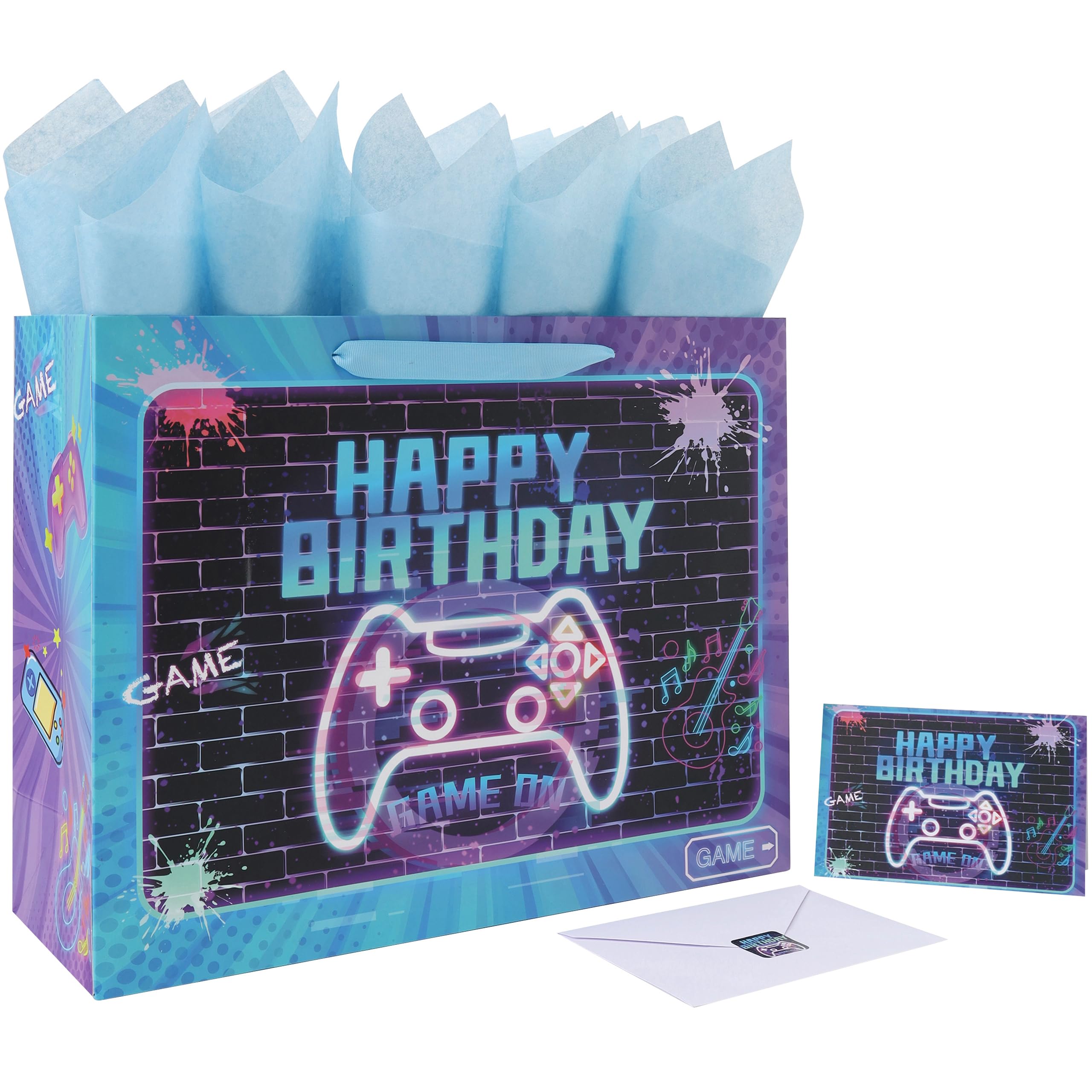 Photo 1 of 16.5'' Extra Large Gamer-themed Birthday Gift Bag Set with Handles, Greeting Card, Tissue Papers and Stickers for Boys Girls Kids Teens Men Women, Game Design, 1 Pcs
