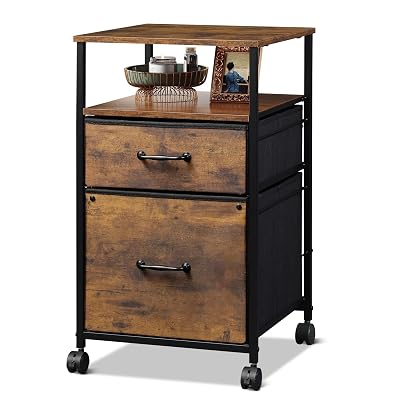DEVAISE 2 Drawer Mobile File Cabinet, Rolling Printer Stand with Open Storage Shelf, Fabric Vertical Filing Cabinet fits A4 or Letter Size for Home Office, Rustic Brown Wood Grain Print