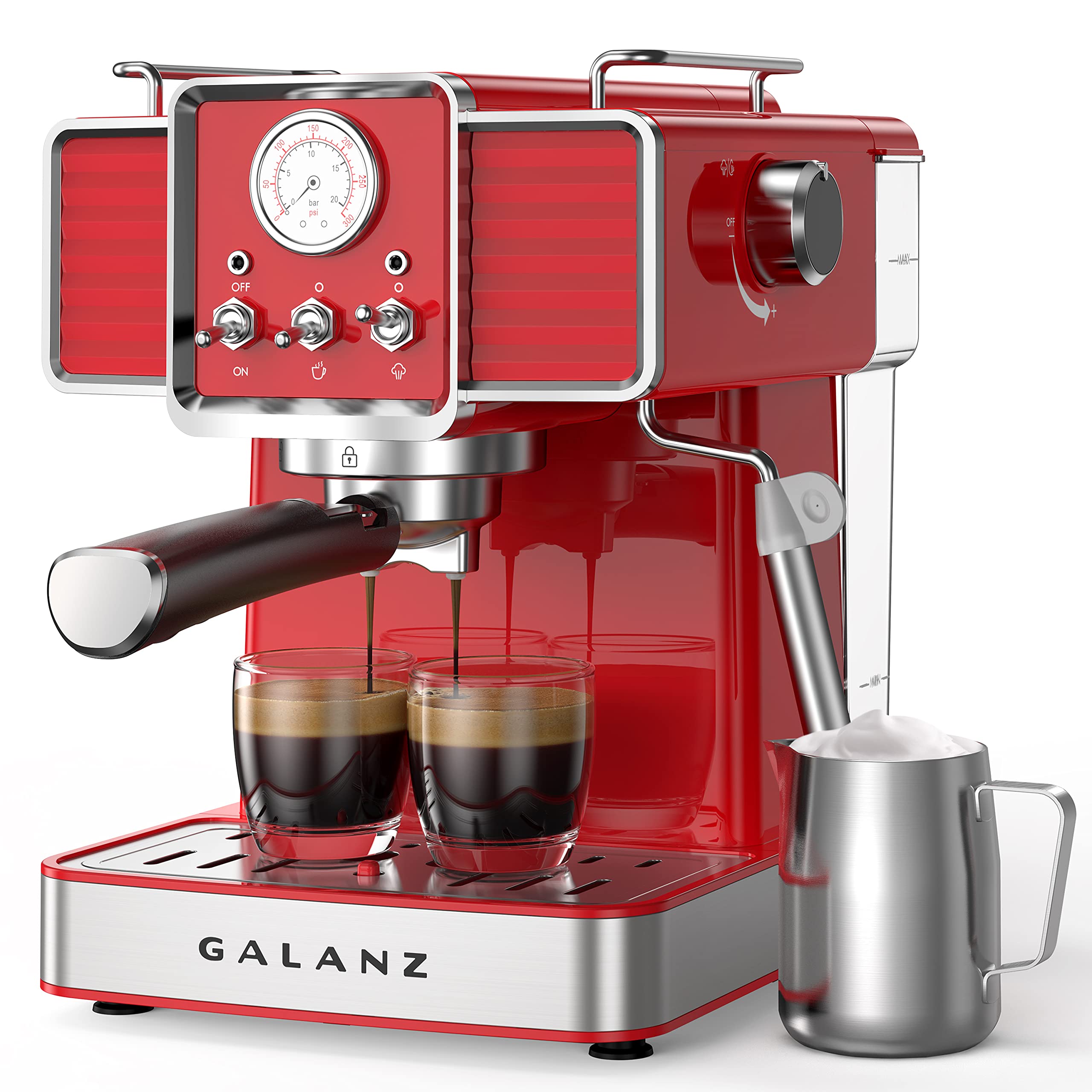Galanz Retro Espresso Machine with Milk Frother, 15 Bar Pump, Retro Red, 1350 W & Retro Electric Kettle with Heat Resistant Handle and Cordless Pour, 1.7 L, Red