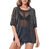 Glitter See Through Tops Women: Sheer Mesh Short Sleeve Shirts Summer Sexy Sparky Tee Top Blouse