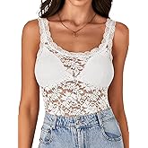 LYANER Women's Floral Lace Scallop Spaghetti Strap Sleeveless Sheer Tank Cami Top Blouse