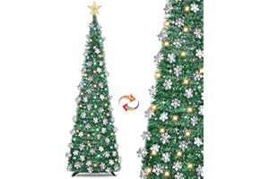 TURNMEON [100 Light] 6 Ft Collapsible Christmas Tree, Pop Up Christmas with Lights Warm White & Multicolor 8 Modes Timer Battery Operated Snowflake Tinsel Tree Xmas Decorations for Home Corner Indoor Outdoor