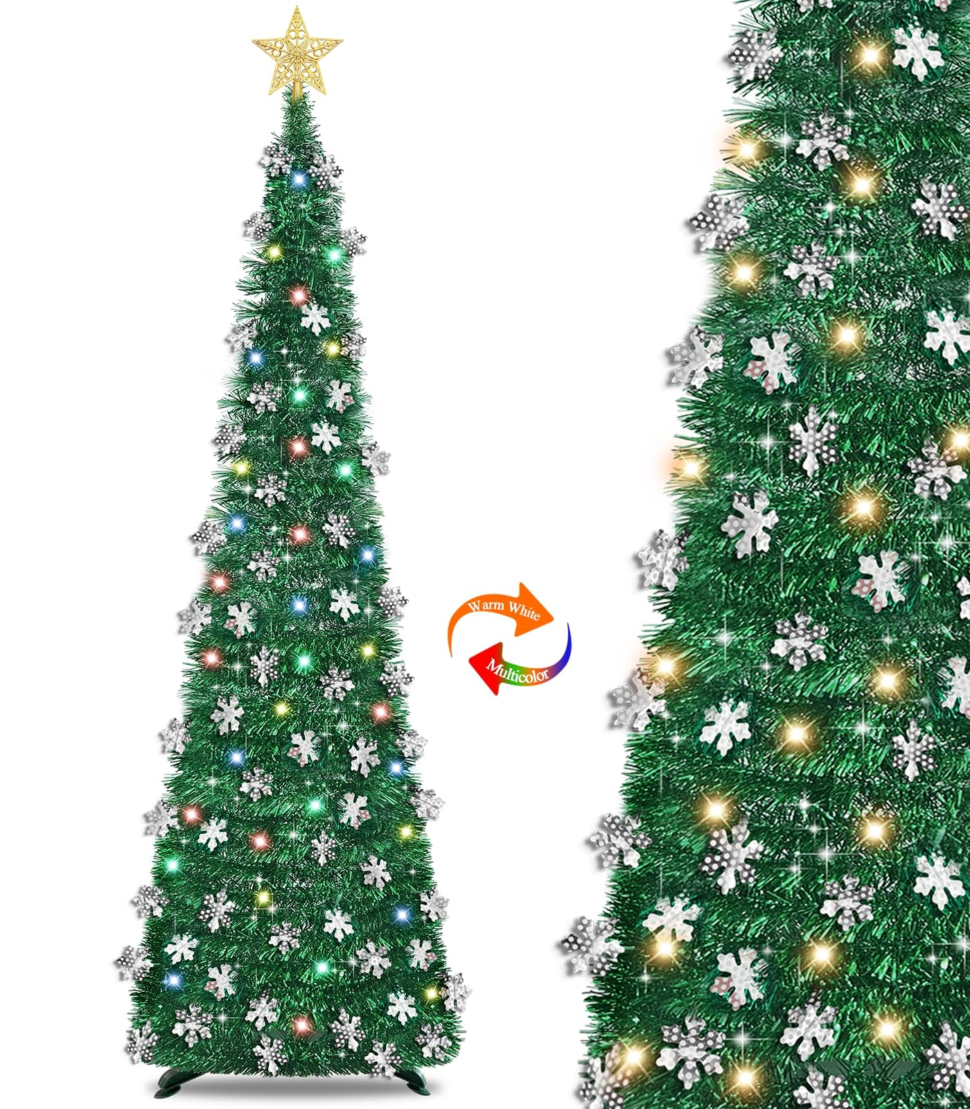 Photo 1 of [100 Light] 6 Ft Collapsible Christmas Tree, Pop Up Christmas with Lights Warm White & Multicolor 8 Modes Timer Battery Operated Snowflake Tinsel Tree Xmas Decorations for Home Corner Indoor Outdoor
