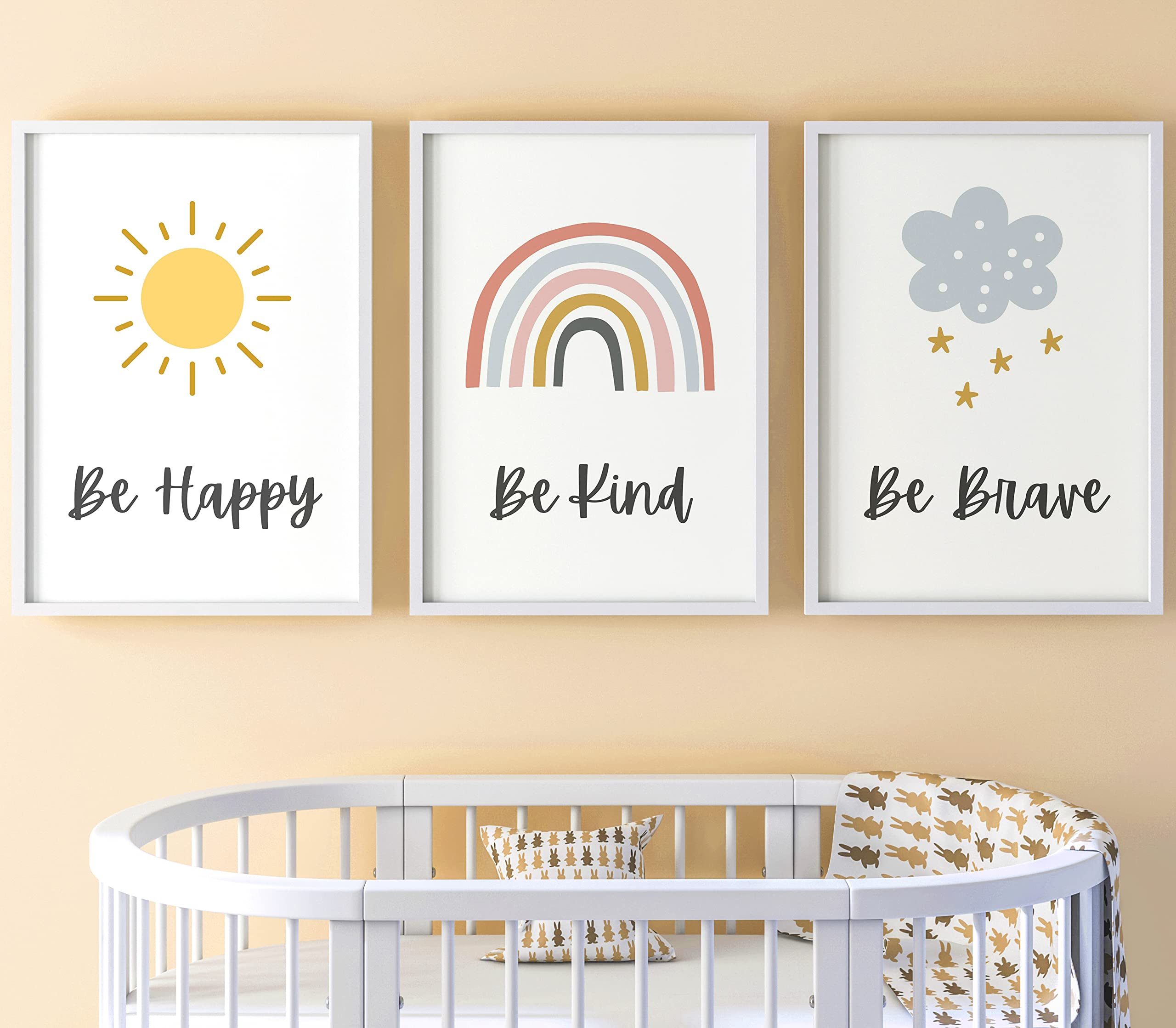 Rainbow Sunshine Cloud Quotes Set of 3 Unframed Prints, Girls Boys Nursery Bedroom Decor Wall Art, Playroom Poster, Be Happy Be Kind Be Brave (A4)