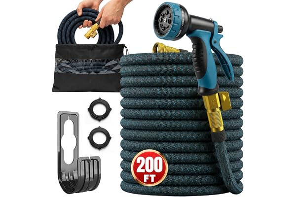 200ft Garden Hose with 10 Function Spray Nozzle, Expandable Garden Hose, 3/4" Easy Removal Solid Brass Connector, Flexible Wa