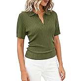 PRETTYGARDEN Women's Short Sleeve Sweater 2026 Spring Polo Shirts Ribbed Knit V Neck Business Casual Tops Summer Work Clothes