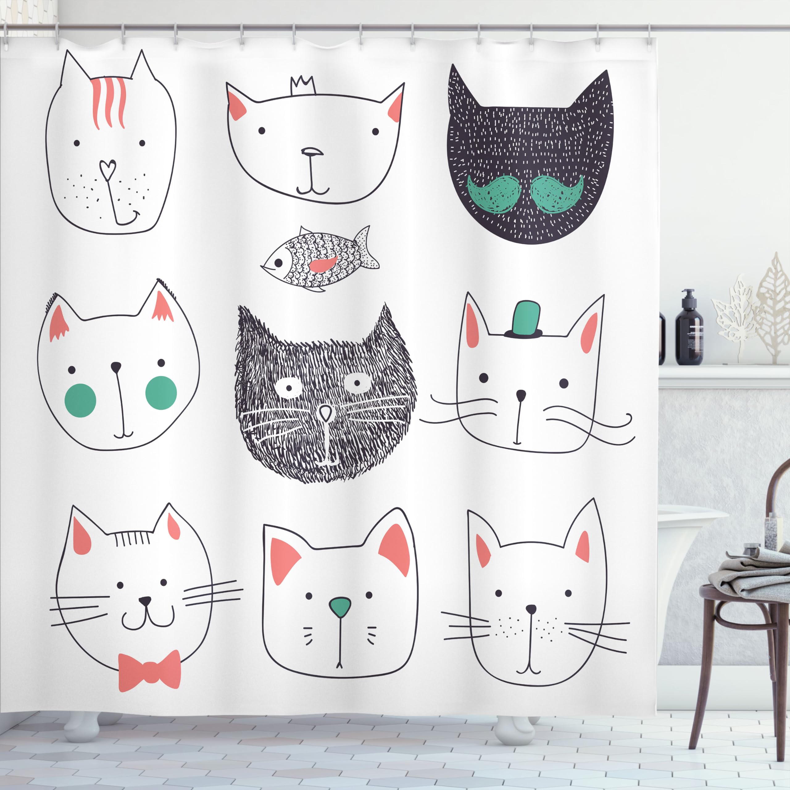 ABAKUHAUS Cat Shower Curtain, Pets Moustache Bow Tie Hat Crown Fluffy and Fish Humor Faces Graphic, Cloth Fabric Bathroom Decor Set with Hooks, 175 x 180 cm, Blush Brown