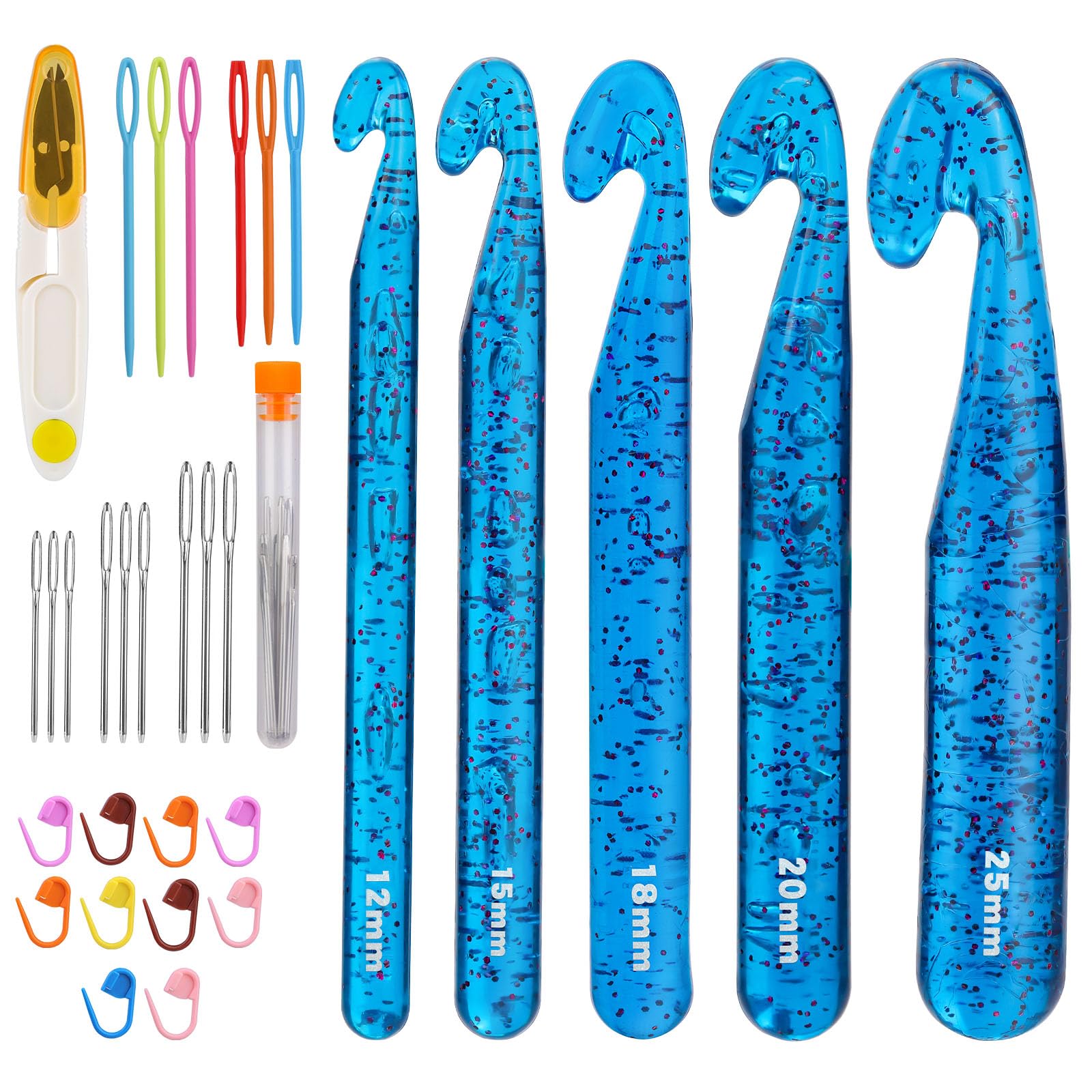 Photo 1 of Qmnnma 5 Large Crochet Hooks, 12mm-25mm Crochet Hooks, Huge Transparent Crystal Crochet Sets for Crocheting Yarn, Chunky Yarn, DIY Crafts (Blue)