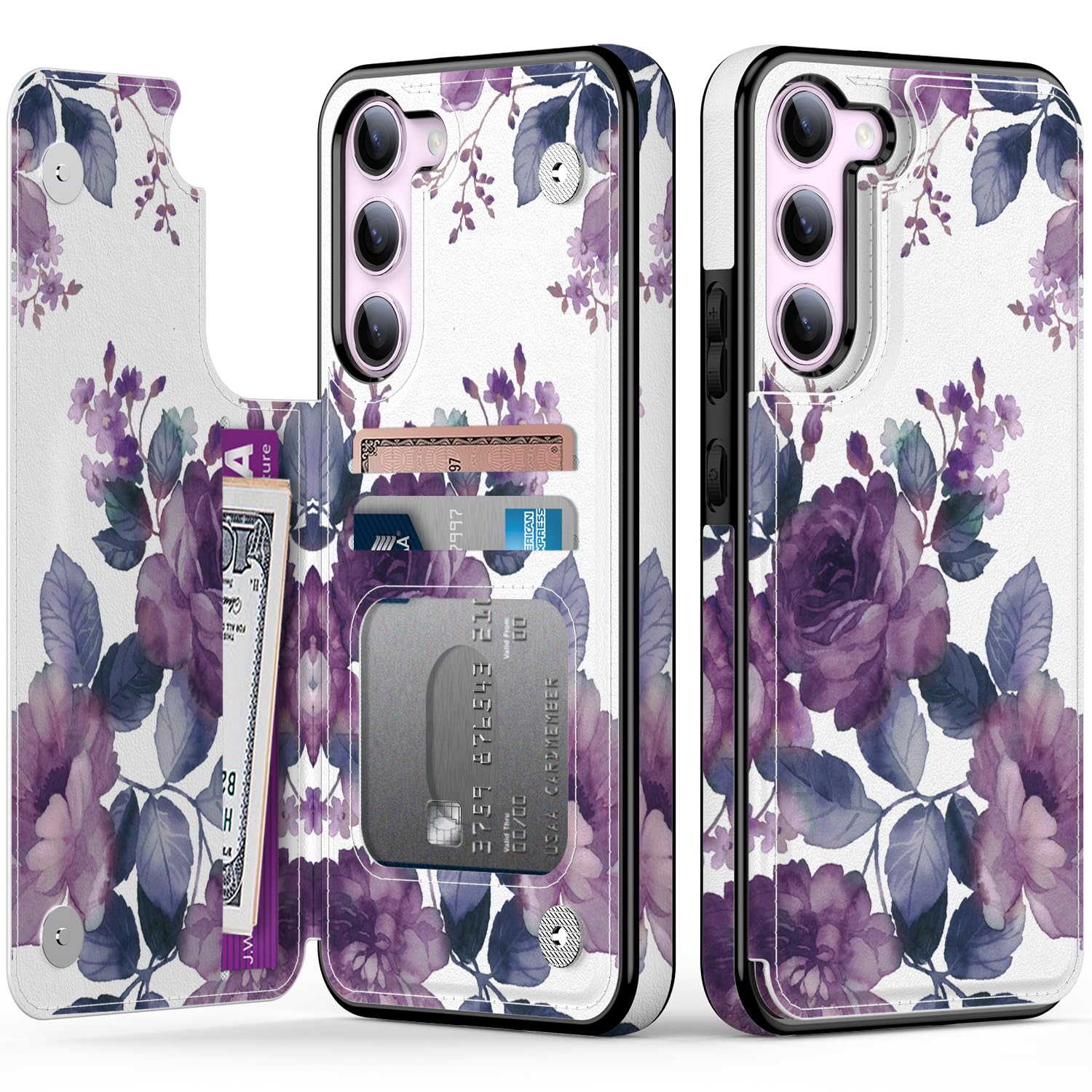 Goodon for Samsung Galaxy S23 Plus Case Wallet - Flip Folio Leather Cover with Trendy Floral Design, 3 Card Slots & Kickstand Function, Protective Phone Case for Women Girls - Purple Blooming Flowers