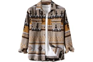 VIEWON Men's Casual Print Button Down Woolen Long Sleeve Lightweight Lapel Western Shacket Jacket Coat