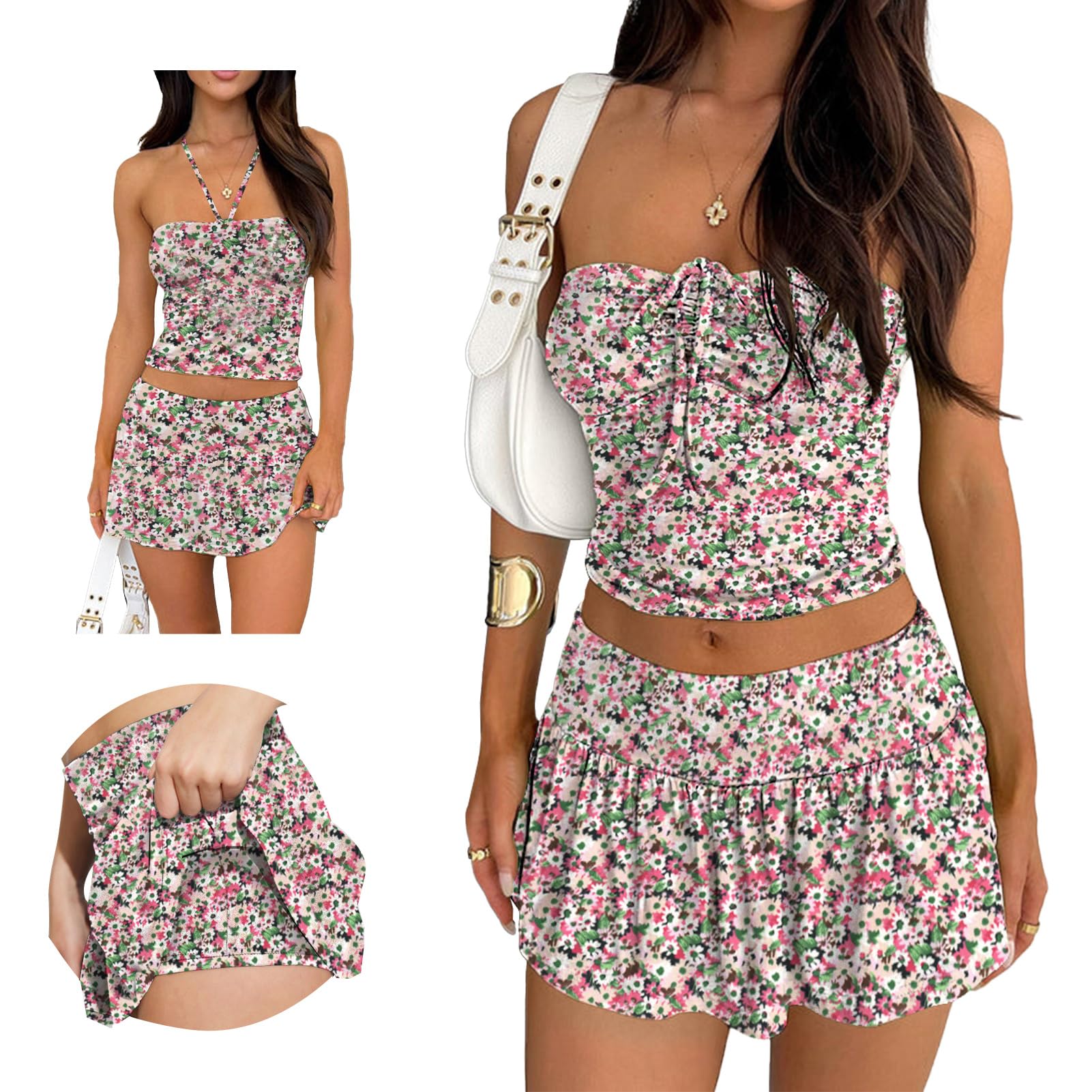 Photo 1 of Hafailia Skirt Sets Women 2 Piece Outfits Summer Y2K Going Out Tie Ruched Tube Crop Tops Pleated Low Rise Mini Skorts B Floral Print L