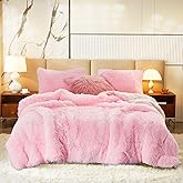 Flysheep Luxury Faux Fur Shaggy Comforter Set Twin Size, Plush & Sherpa Reversible Comforter Pink, 3 Pieces Fluffy Fuzzy Bedding Set Ultra Soft and Warm for Kids (1 Comforter + 2 Pillowcases)