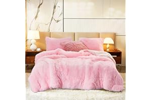 Flysheep Luxury Faux Fur Shaggy Comforter Set Full/Queen Size, Plush & Sherpa Reversible Comforter Pink, 3 Pieces Fluffy Fuzzy Bedding Set Ultra Soft and Warm for Winter (1 Comforter + 2 Pillowcases)