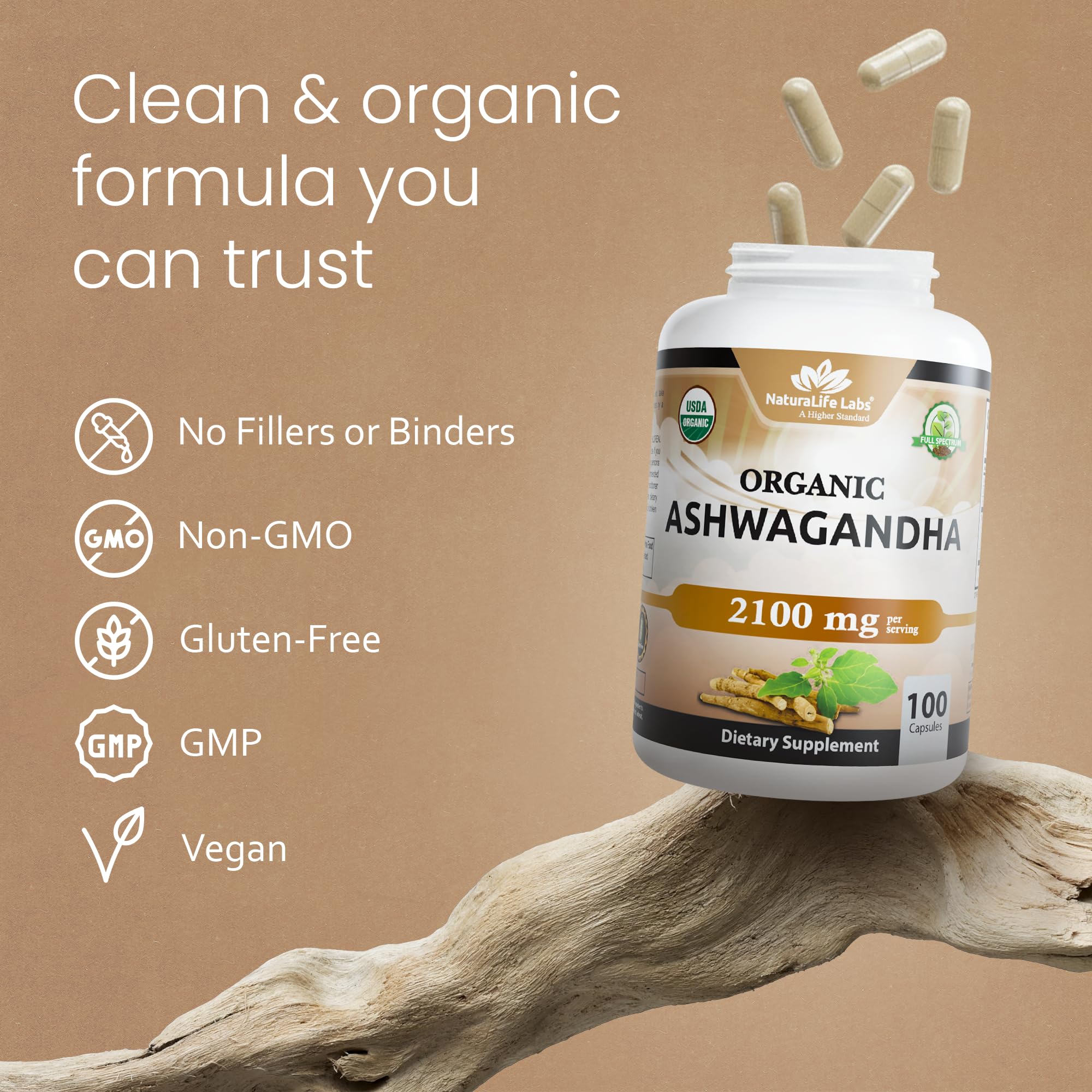 NaturaLife Labs Organic Ashwagandha 2100 mg per Serving – Root Powder & Extract – 100 Capsules – Vegan, Non-GMO, Gluten-Free