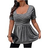 SOLY HUX Women's Plus Size Square Neck Short Sleeve T Shirts Ruffle Tees Summer Peplum Tops