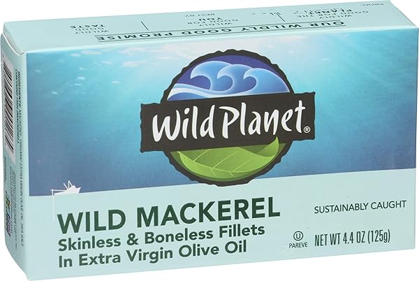 WILD PLANET SKINLESS BONELESS MACKEREL FILLETS IN ORGANIC EXTRA VIRGIN OLIVE OIL, TINNED FISH, SUSTAINABLY CAUGHT, NON-GMO, KOSHER, GLUTEN FREE, KETO AND PALEO, 4.4 OUNCE SINGLE UNIT