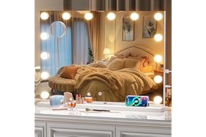 ouboyo Vanity Mirror with Lights, 28" x 20" Hollywood Mirror, Makeup Mirror with 14 Dimmable Bulbs and 5X Magnification, 3 Colors Modes, Touch Control, USB and Type-C, Tempered Glass (Square White)