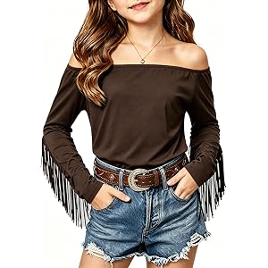 TNNO Cowgirl Outfits for Girls Western Shirt Long Sleeve Off the Sholder Fringe Top Country Concert Rodeo Outfit