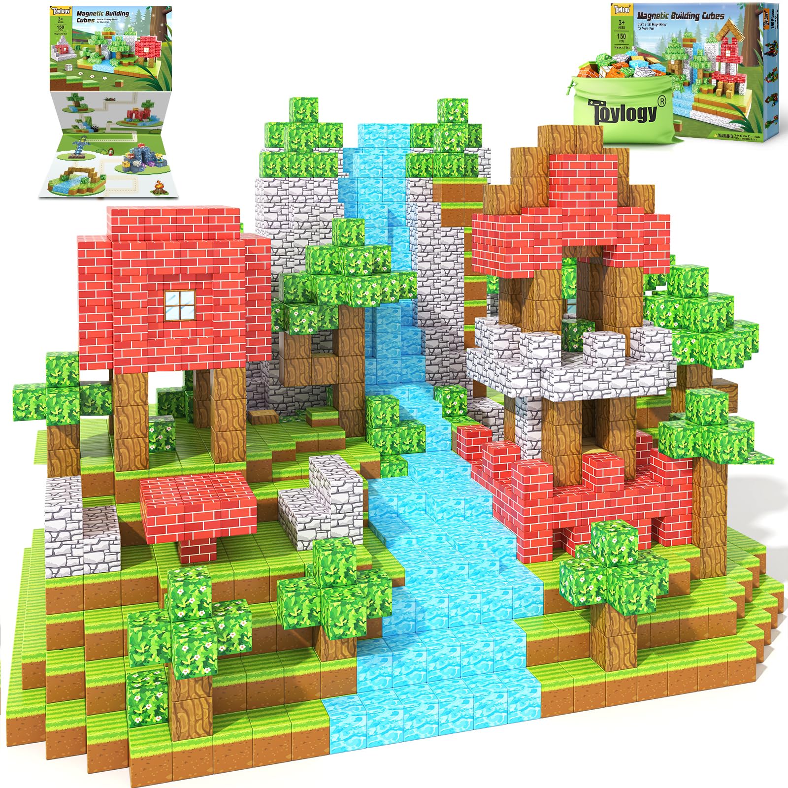 150PCS Magnetic Blocks-Build Mine Magnet World Forest Edition Kids Games for Boys&Girls Age 3-5 4-8 6-8, Magnetic Sensory STEM Toys Tiles for Toddlers Gifts for 3+ Years Old Ideal Construction Toys Image