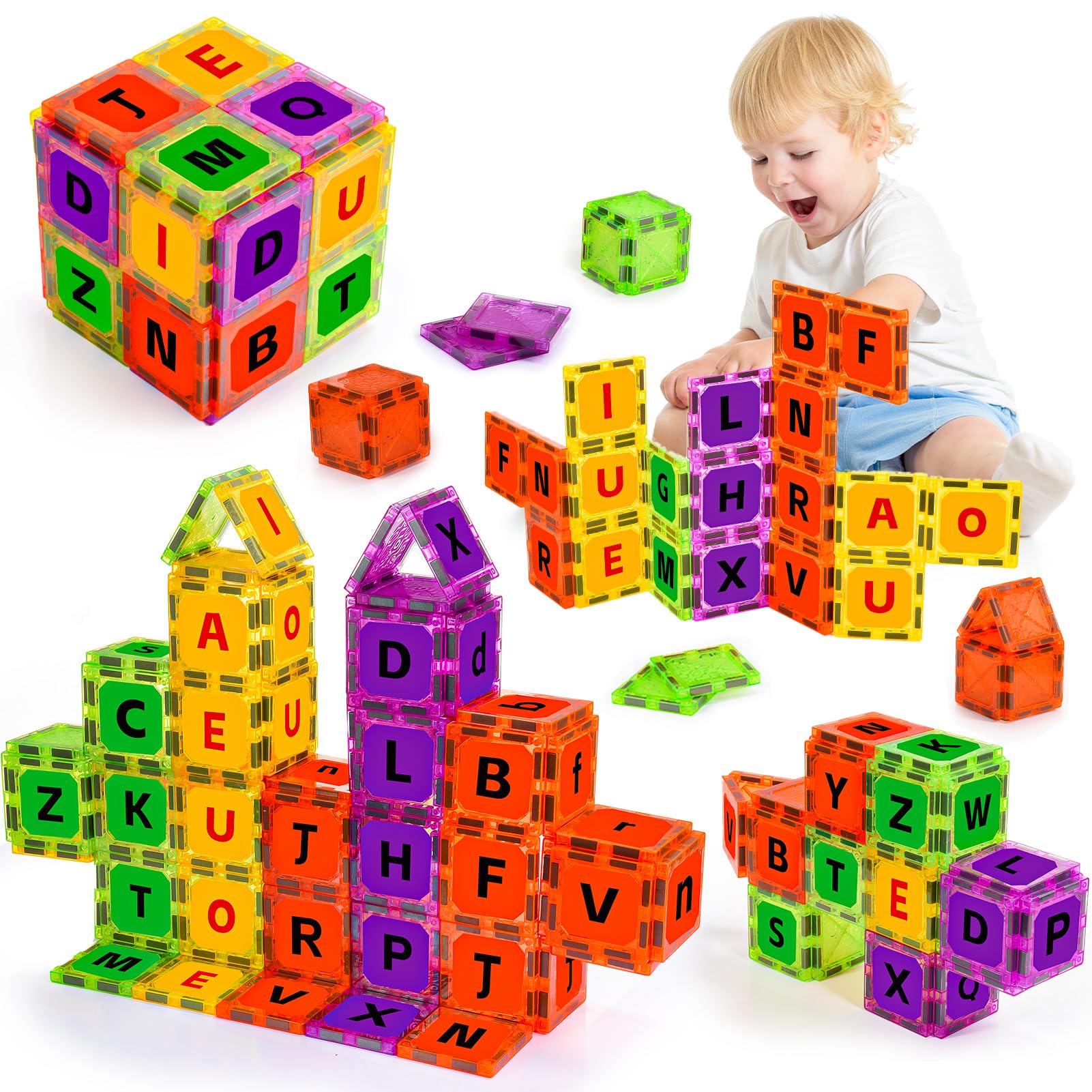 Photo 1 of Magnetic Tiles Letters Toys, Alphabet Learning Toys for Toddlers 1-3 2-4 4-8, Classroom Must Have 48PCS Construction Toy, Toddler Games for Preschool Kids Spelling, Learning, Building, Educational Toy