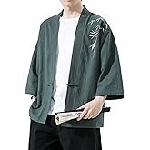 PRIJOUHE Men's Kimono Jackets Cardigan Casual Cotton Blends Linen Seven Sleeve Open Front Embroidery Coat