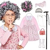 AXINYINGESS 100 Days of School Old Lady Costume Grandma Dress Up Set for Girls Costumes Granny Outfit Kit