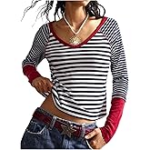 WDIRARA Women's Striped T Shirts Colorblock Long Sleeve V Neck Tee Y2k Tops Streetwear