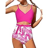 BAVADER Girls Swimsuit Cutout One-Piece Bathing Suit V-Neck Swimsuits for Teens Cute Swimwear with Drawstring Cover Up 9-18y