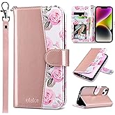 ULAK Compatible with iPhone 14 Wallet Case for Women, PU Leather Floral Flip Cover with Card Holder Kickstand Feature Protective Purse Case 6.1 Inch, Rose Gold
