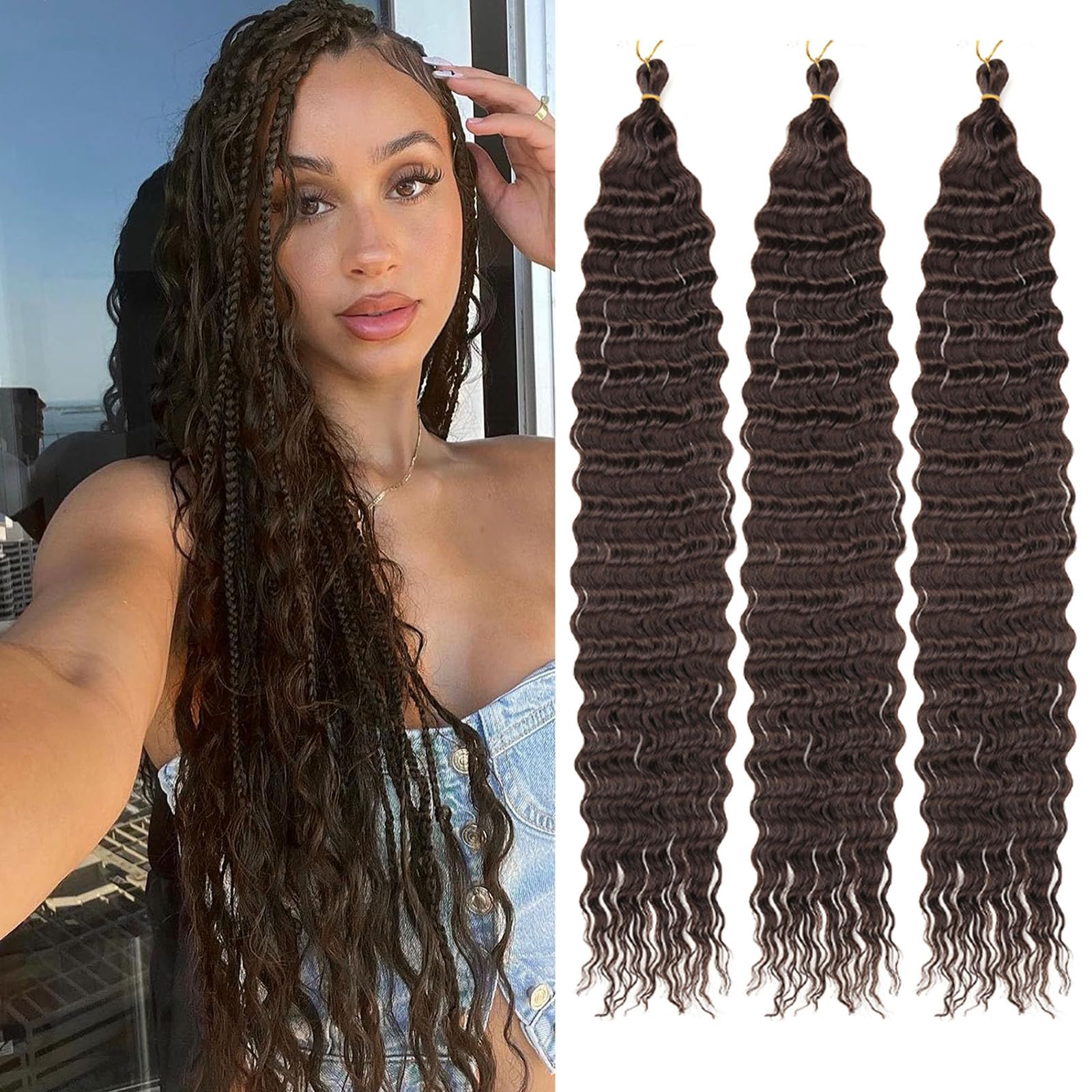 Samtress 3 Packs Deep Wave Crochet Hair 24 Inch Dark Brown Ocean Wave Crochet Hair Synthetic Long Wet and Wavy Braiding Hair for Boho Braids Hair Extensions (#4) — image 1