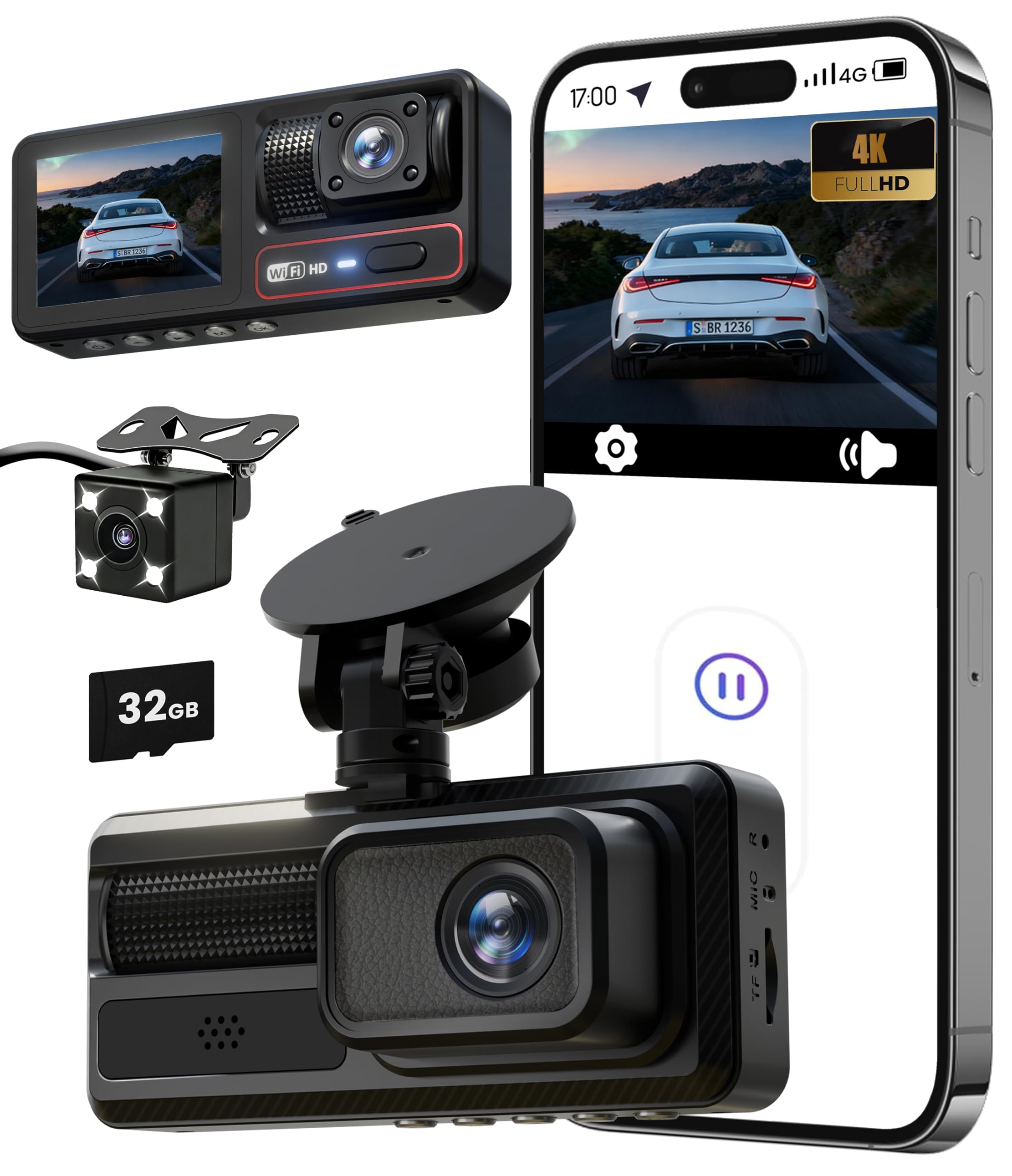 Photo 1 of 3 Channel Dash Camera for Cars,Capture Crisp 4K+1080P+1080P, Features 5G WiFi & App Control, Night Vision,24H Parking Mode,Loop Recording,170° Wide Angle,32GB Card Included(Black)