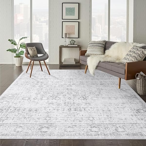 LIVEBOX TRADITIONAL RUG 9X12 – LARGE GRAY VINTAGE RUG FOR LIVING ROOM, WASHABLE SOFT FLORAL CARPET ANTI-SKID THIN NEUTRAL RUGS FOR OFFICE BEDROOM DINING ROOM, SILVERYGRAY