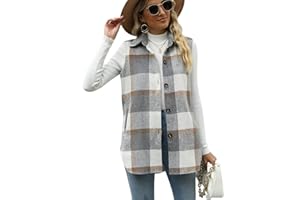 Tanming Women's Plaid Vest Brushed Flannel Sleeveless Shacket Shirt Jacket with Pockets