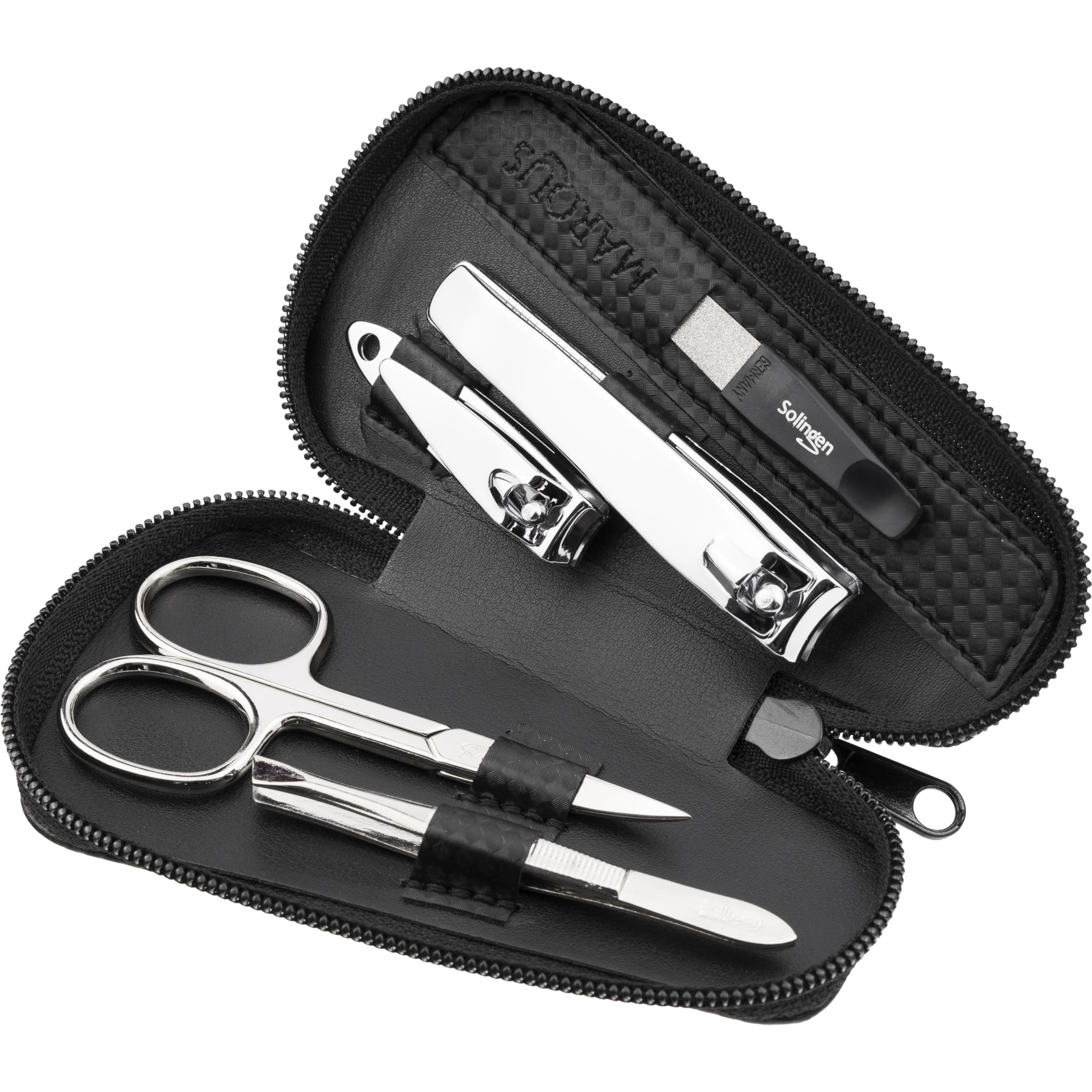 Marqus Manicure Set for Women and Men - 5-Pieces Grooming Kit - File and Tweezers from Solingen - Fashion Leather Case - Ideal for Travelling, Carbon