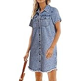 luvamia Denim Dresses for Women Distressed Summer Short Sleeve Button Down Collared Raw Hem Jean Shirt Dress with Pocket