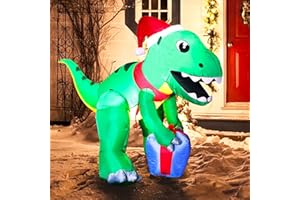 Joiedomi 5ft Tall Dinosaur Christmas Inflatable Decoration, Blow Up Dinosaur with Gift Box Inflatable Build-in LEDs Light Up Giant Christmas Yard Décor for Xmas Holiday Outdoor Garden Lawn Decoration