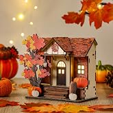 GlikCeil Thanksgiving Light up Cottage Pumpkin Village DIY Fall Table Decor | Harvest Wood Village Houses, Rustic Autumn LED Lighted Table Centerpiece, Farmhouse Dinner Party Table Home Courtyard Decor