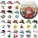 35 Pcs Holiday Interchangeable Highland Cow Welcome Sign Highland Cow Seasonal Wooden Hanging Door Decor Valentines Farmhouse Hanging Sign for Front Door Winter Party Decoration Gift(Light Brown)