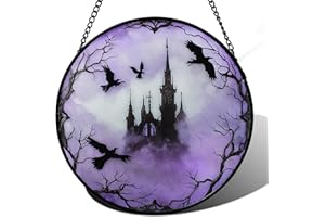 CRISGIF Stained Glass Window Hanging - Halloween Gothic Castle Purple Smoke Suncatcher for Doors Garden Home Spooky Crow Sun Catchers Gothic Decor Horror Gift for Women Men Friend Boy Girl 6.3 in