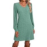 Ficerd Women's Knit Long Sleeve Sweater Dress Casual V Neck Tunic Dresses Fall Trendy Outfits