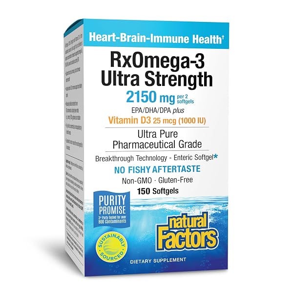 NATURAL FACTORS RXOMEGA-3 ULTRA STRENGTH – BRAIN & HEART HEALTH SUPPORT – EYE HEALTH SUPPLEMENT WITH EPA & DHA – SUPPLEMENT WITH OMEGA-3 FATTY ACIDS & VITAMIN D3-150 SOFTGELS (75 SERVINGS)